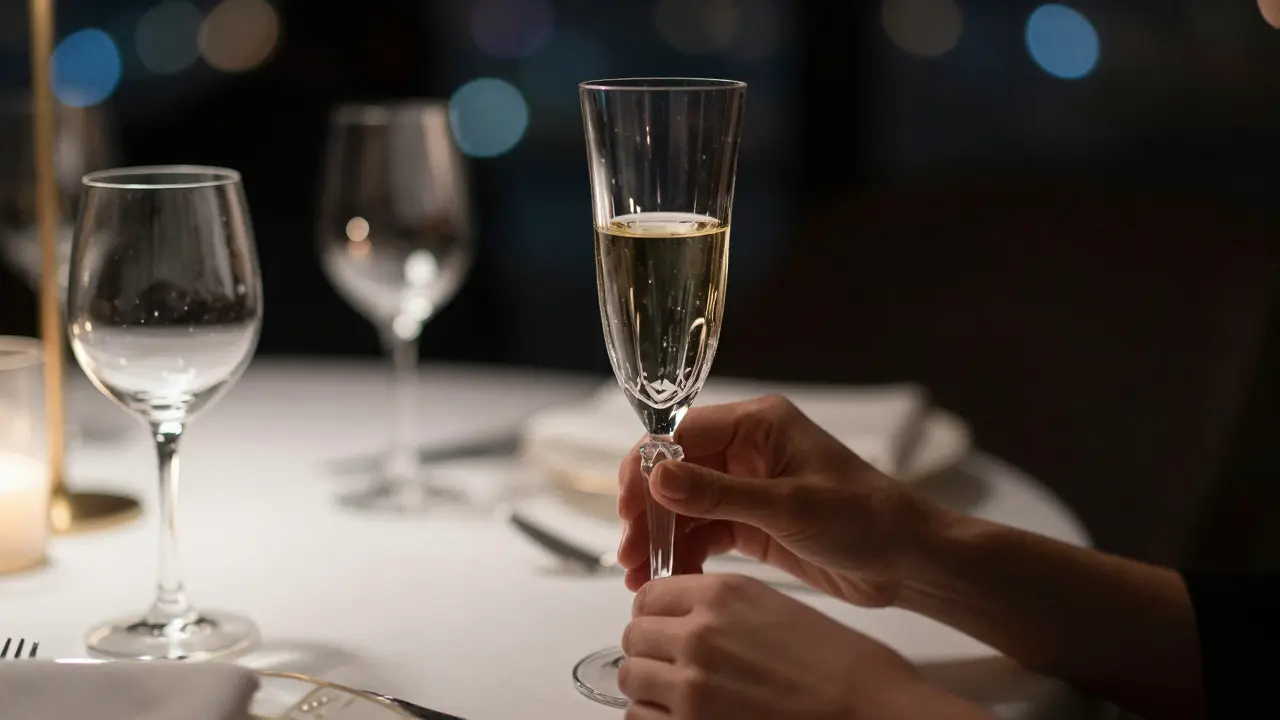 A woman&#039;s hands holding a champagne flute in a candlelit upscale restaurant.