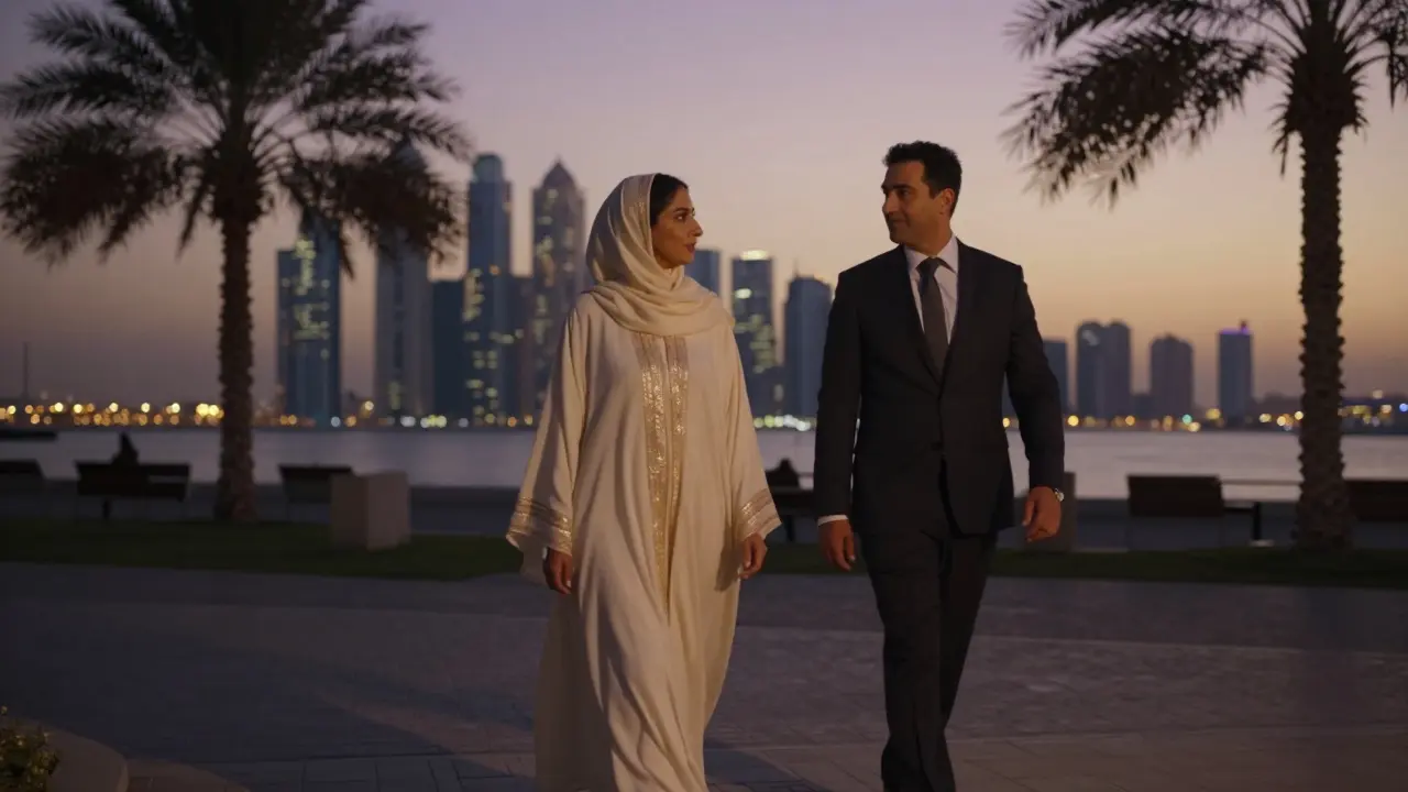 A woman in an elegant abaya walking beside a man along Dubai Marina at sunset.