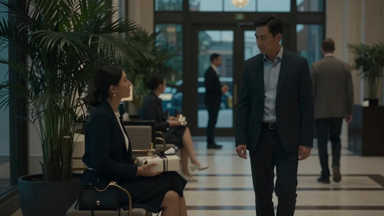 A woman offers a small gift in a hotel lobby, both figures exuding discretion and unspoken connection.