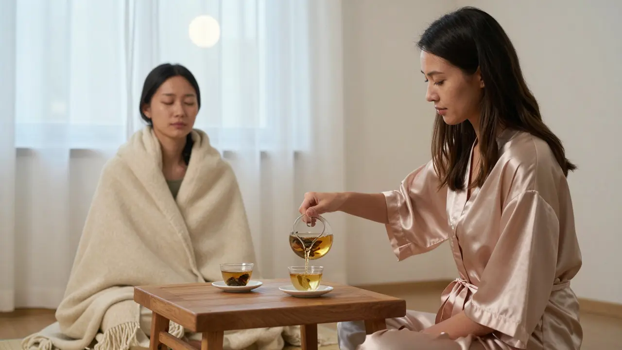 A woman pours tea for a client wrapped in a blanket, moonlight streaming through curtains in a calm, healing aftercare moment.