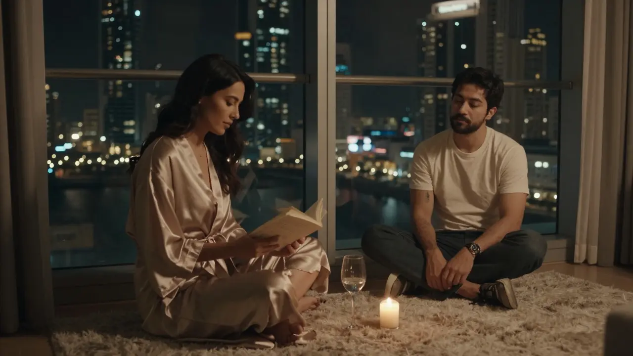 A woman reading poetry aloud to a man in a hotel room, candlelight glowing as Dubai&#039;s skyline shines outside.