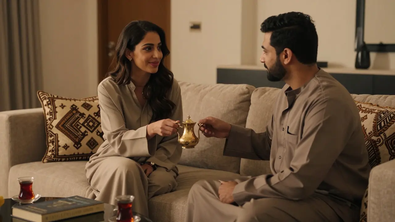 A woman serves Arabic coffee to a guest in a luxurious Dubai living room, radiating quiet dignity and warmth.