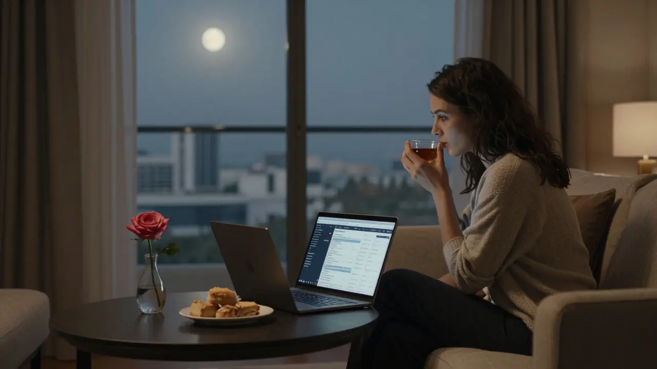 A woman sits alone in a softly lit Jumeirah apartment, sipping tea as moonlight falls across the room.