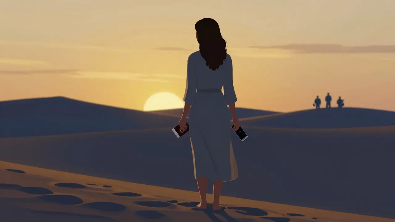 A woman stands on a desert dune at sunset, holding a broken phone and passport, silhouettes of traffickers behind her.