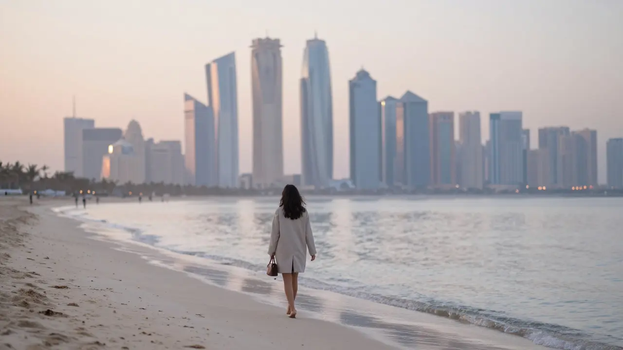 A woman walking alone on Dubai Marina beach at sunrise, serene and solitary.