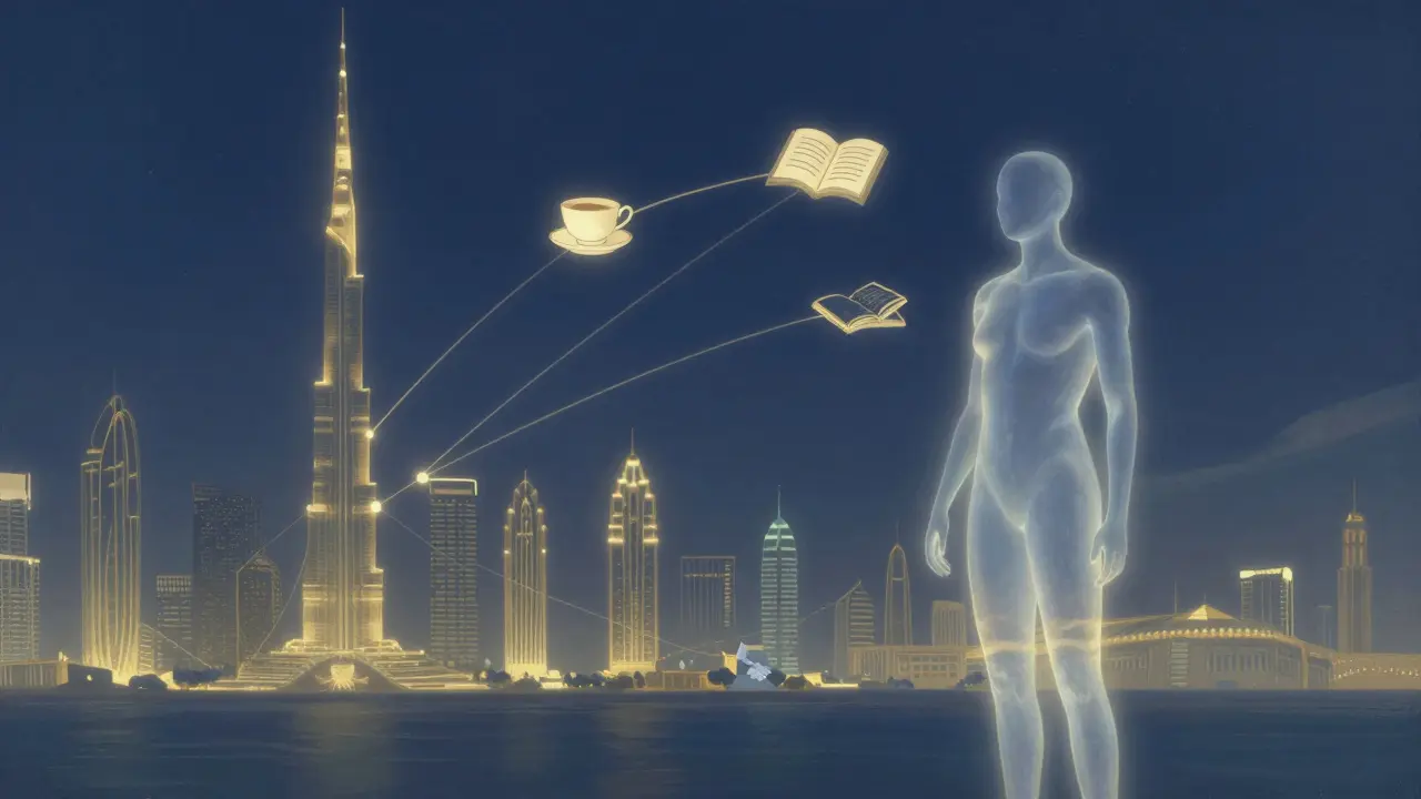 Abstract representation of companionship in Dubai with symbolic elements like tea, books, and stars.