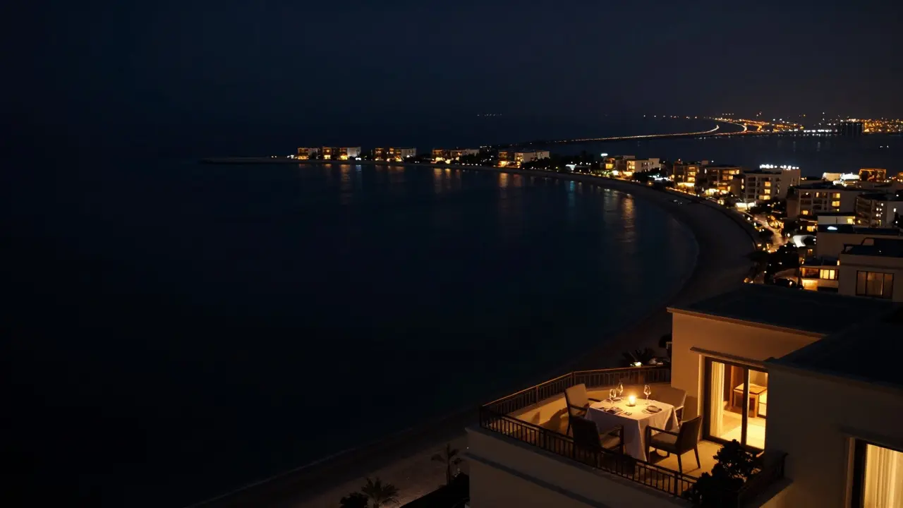 Aerial night view of luxury villas on Palm Jumeirah with one balcony lit by candlelight and wine glasses.