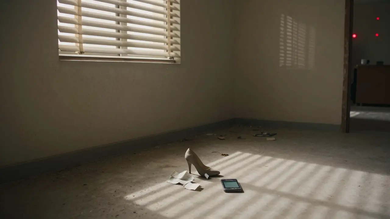 An abandoned Dubai apartment with a discarded high heel and a dead phone, sunlight filtering through dusty blinds.