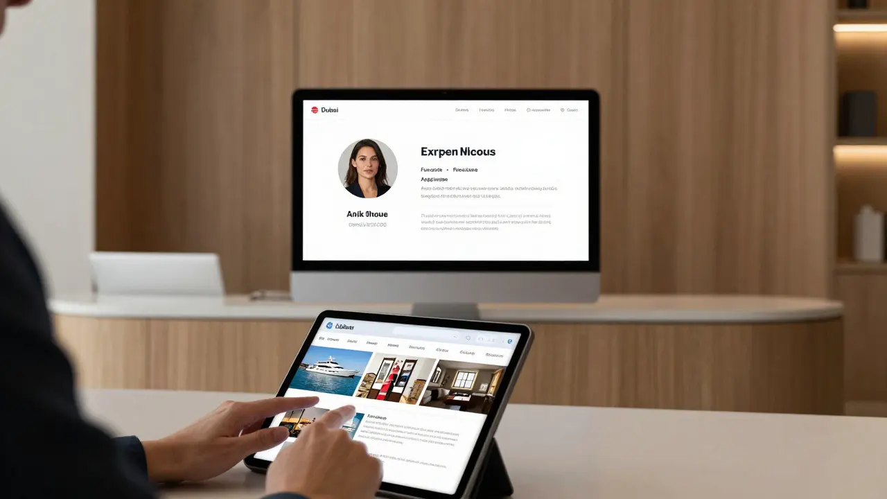 An elegant Dubai agency office with a digital profile of a multilingual European companion on a sleek monitor.