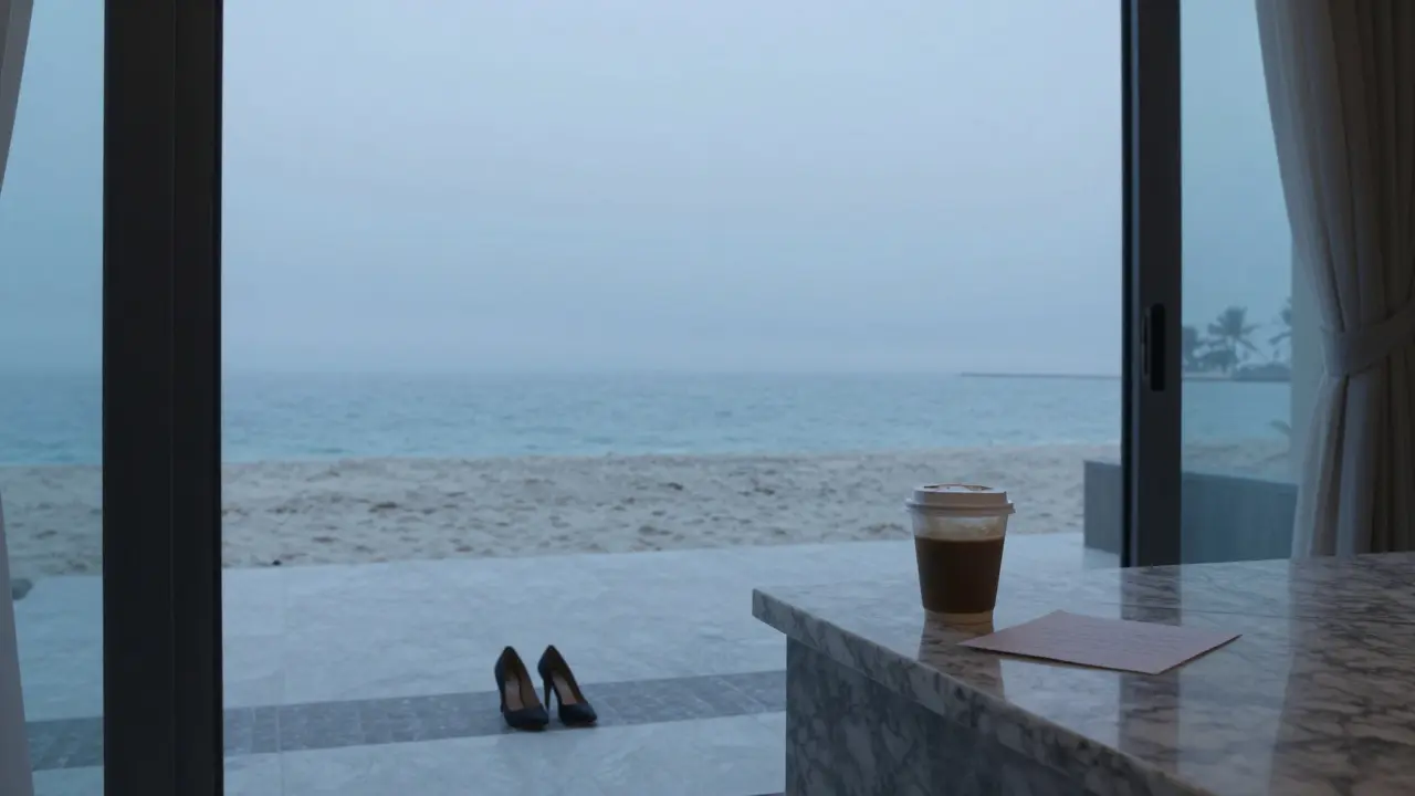 An empty beachside villa at dawn, with high heels and a coffee cup left behind, suggesting a quiet, private encounter has ended.