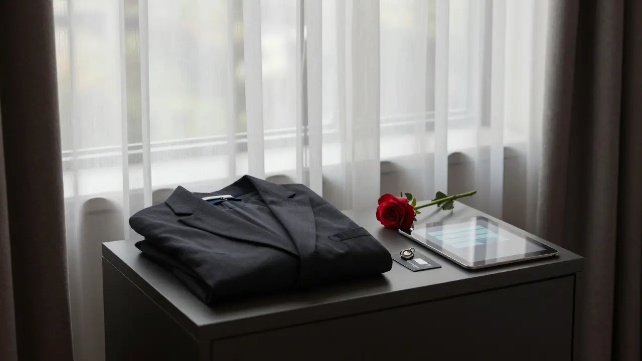 An empty hotel suite at dawn with traces of a private encounter: suit, rose, and glowing device.