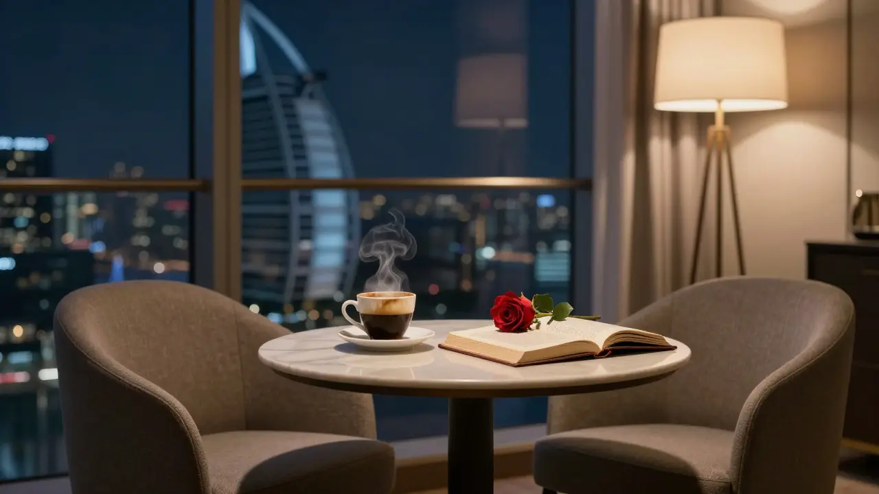 An empty lounge table with coffee and a book, bathed in soft light, conveying quiet connection.
