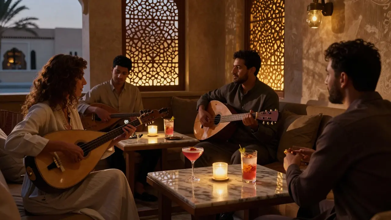 An intimate cultural lounge in Jumeirah with Arabic music, low lighting, and patrons in refined clothing.
