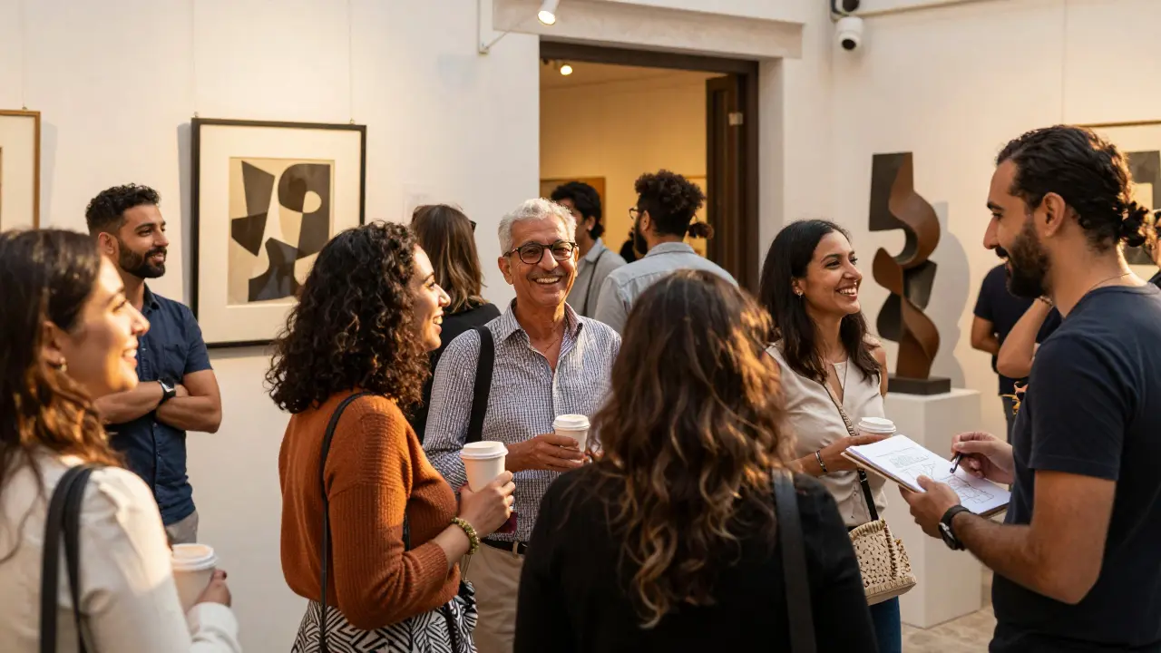 Diverse expats socializing at an art gallery in Dubai, enjoying conversation and community.