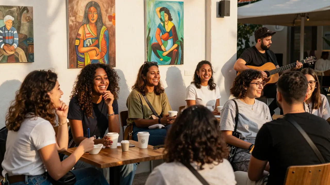 Diverse group of expats socializing at Alserkal Avenue during a nighttime event.