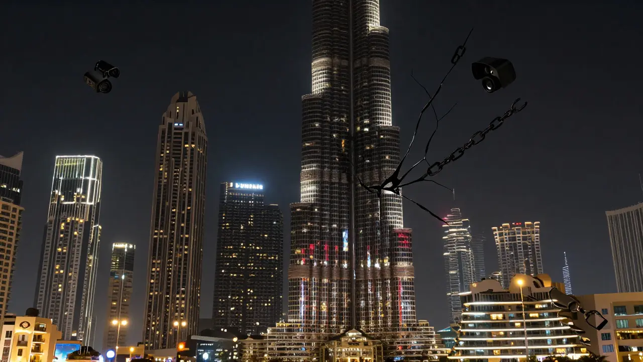 Dubai's glittering skyline is cracked open to reveal hidden cameras and chains, symbolizing the dark side beneath its luxury.