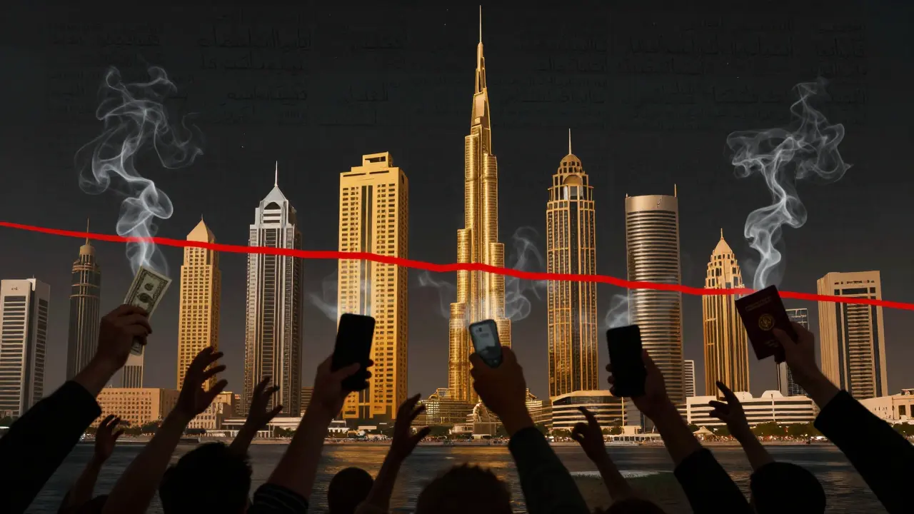 Dubai's skyline split by a red line, with shadowy hands dissolving into smoke as legal consequences loom.