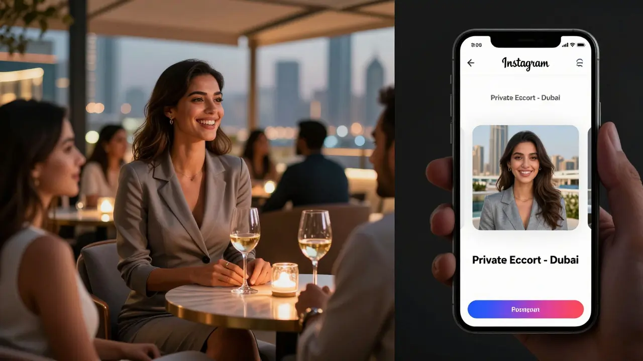 Elegant social gathering in a Dubai rooftop lounge contrasted with a fake escort advertisement on a phone screen.