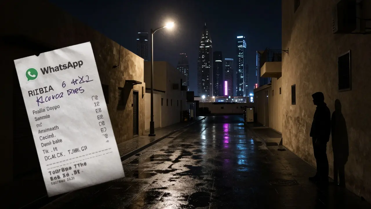 Empty Dubai alley with a scribbled WhatsApp number under a flickering streetlamp.