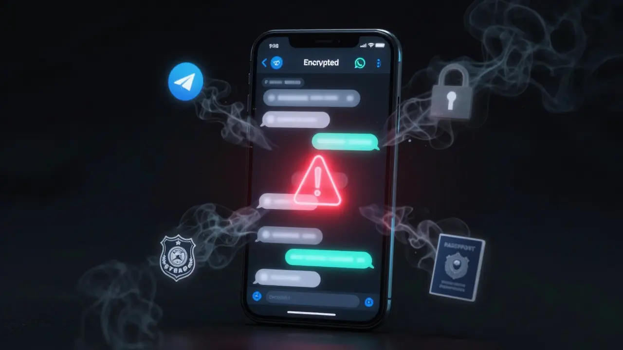 Glowing smartphone screen with encrypted messages and a subtle red warning symbol over a dark background.