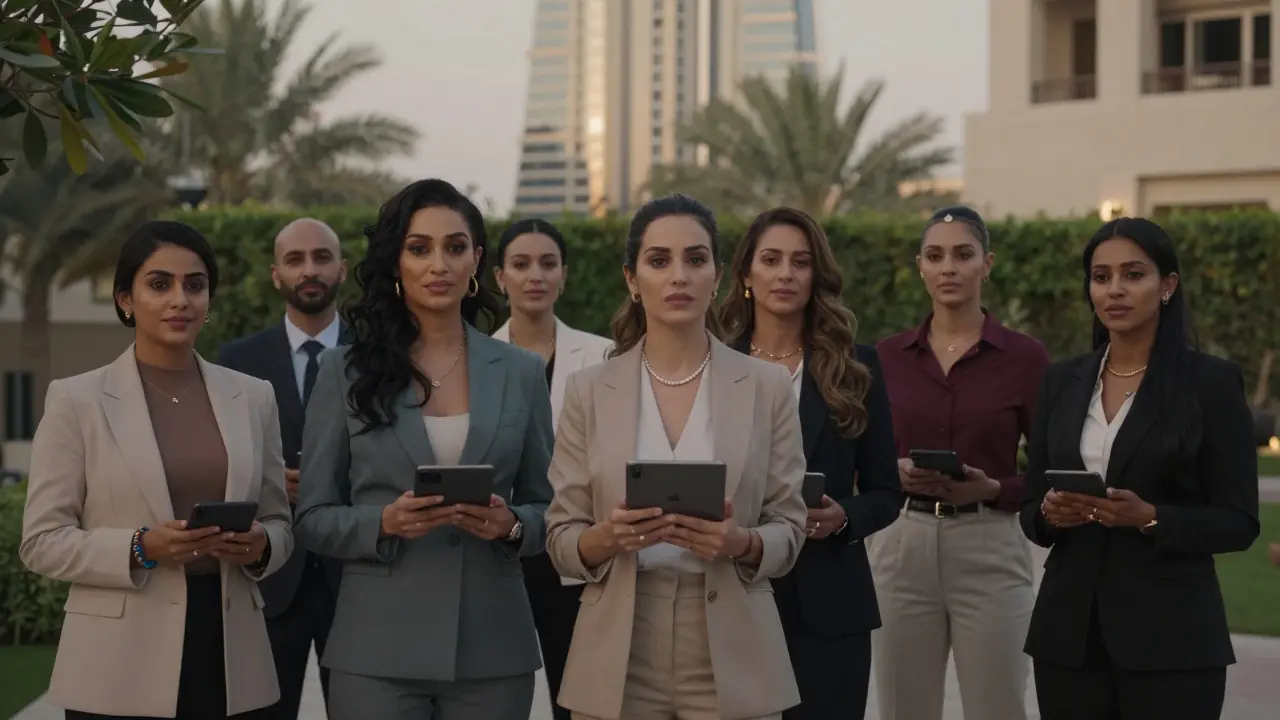 Professional companions in elegant casual wear stand calmly in a twilight garden, exuding quiet confidence.