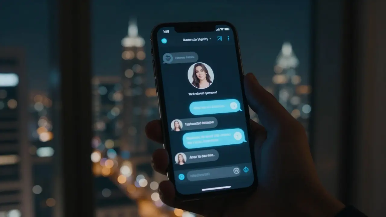 Reflection of a private messaging app on a Dubai apartment window at night, city lights glowing behind.