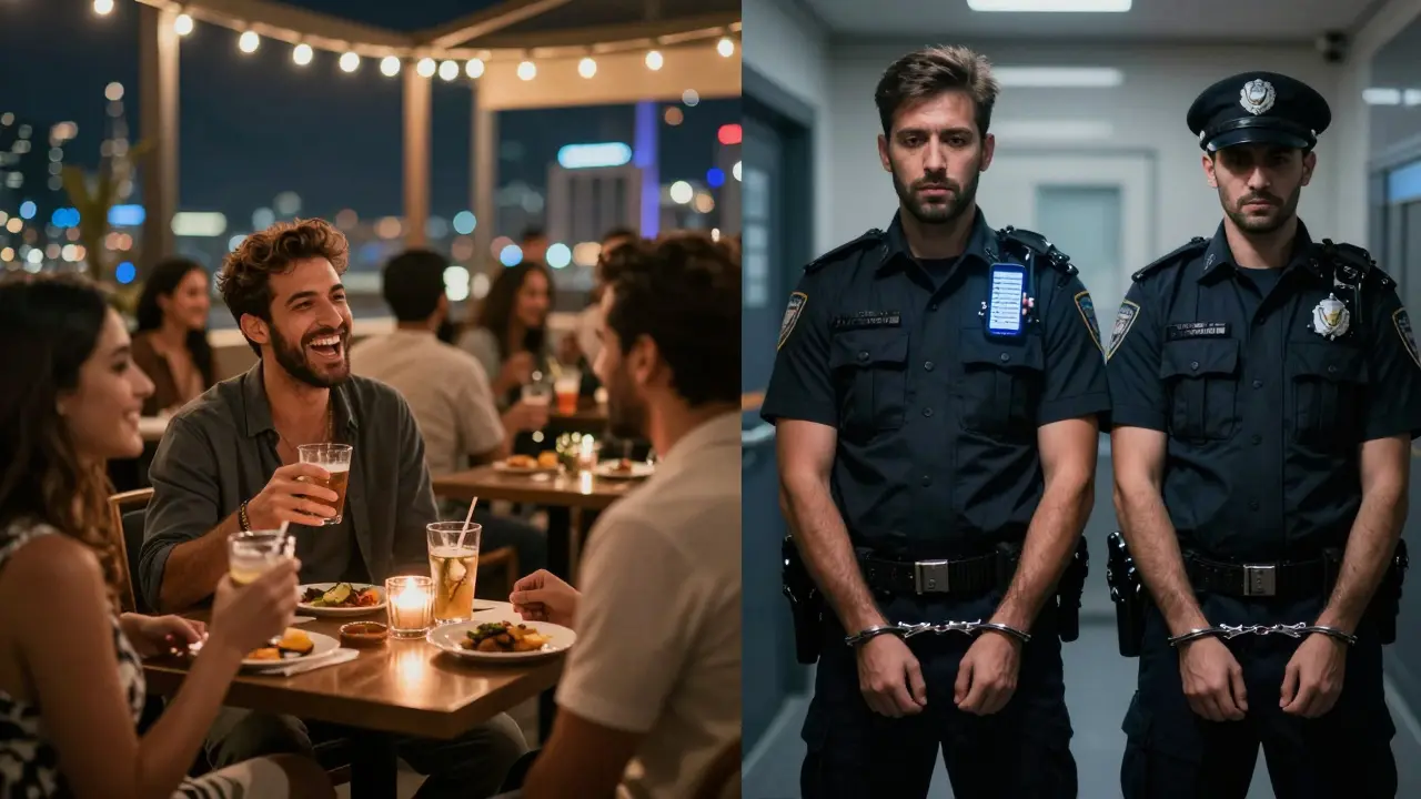 Split image: a man enjoying a social gathering vs. the same man arrested in a police station with incriminating messages on screen.