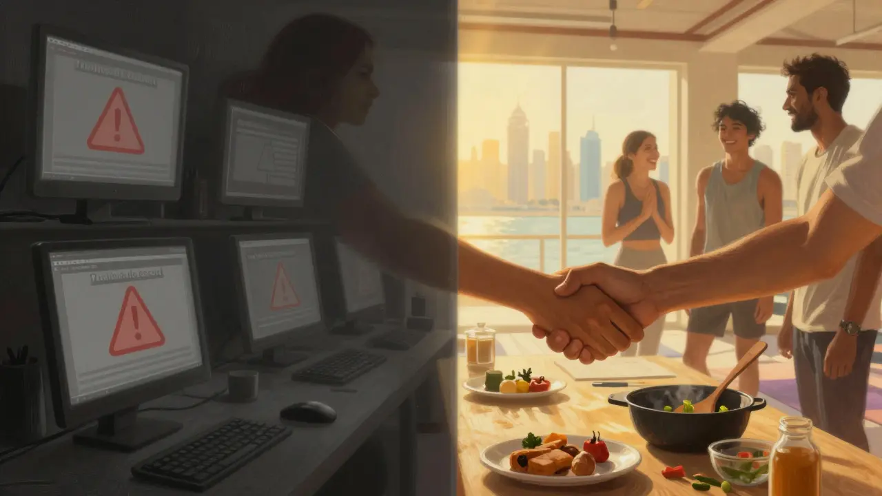 Split-screen contrast: fraudulent online ads vs. authentic social connections in Dubai.