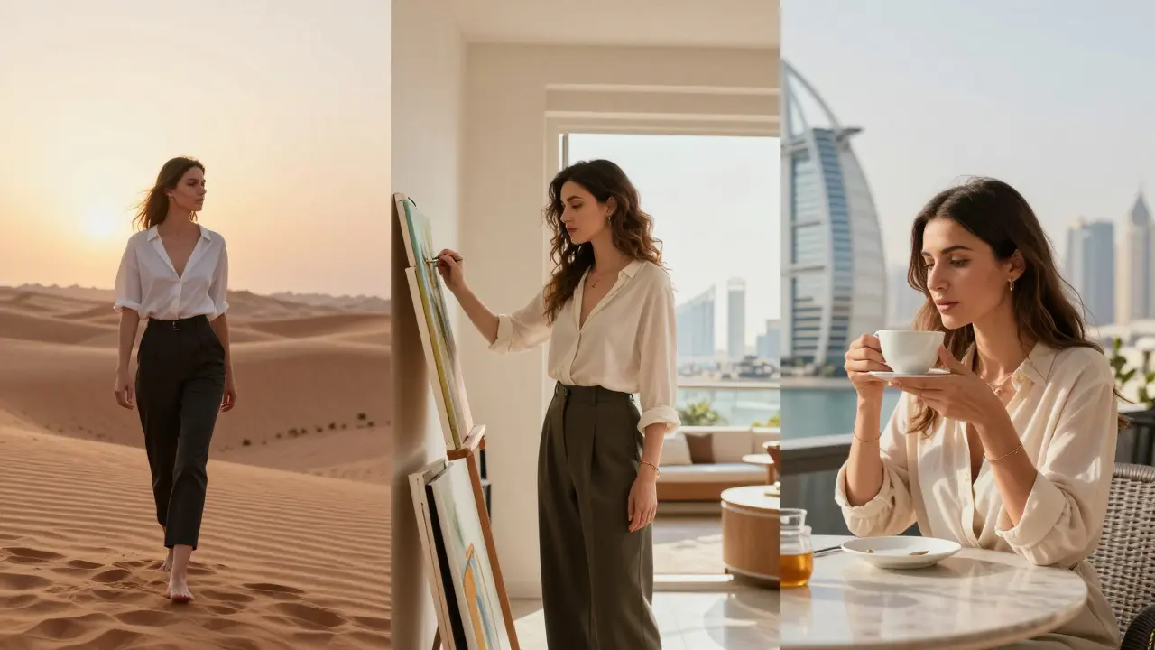 Three European women in Dubai: on a desert dune, painting in an apartment, at a rooftop bar.