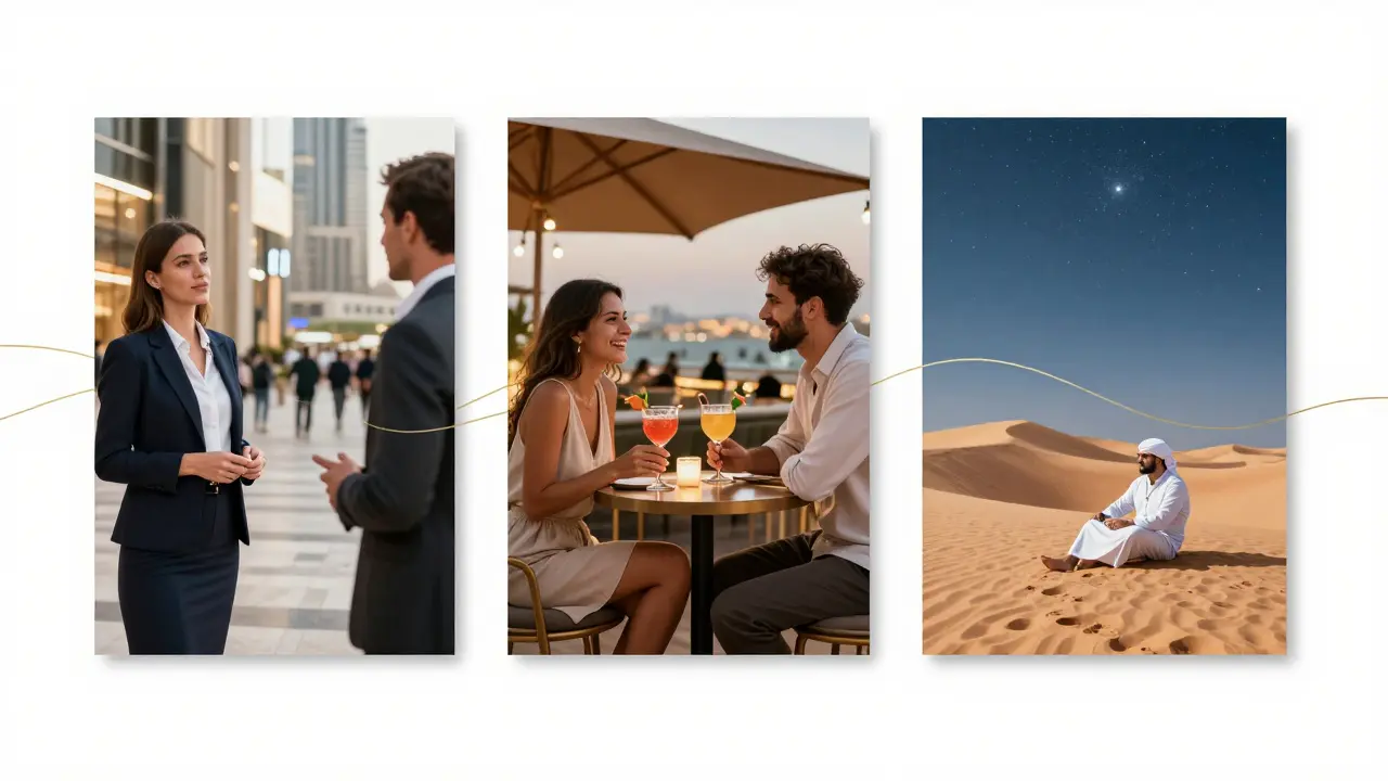 Three scenes showing companionship in Dubai: shopping, rooftop drinks, and desert stars.