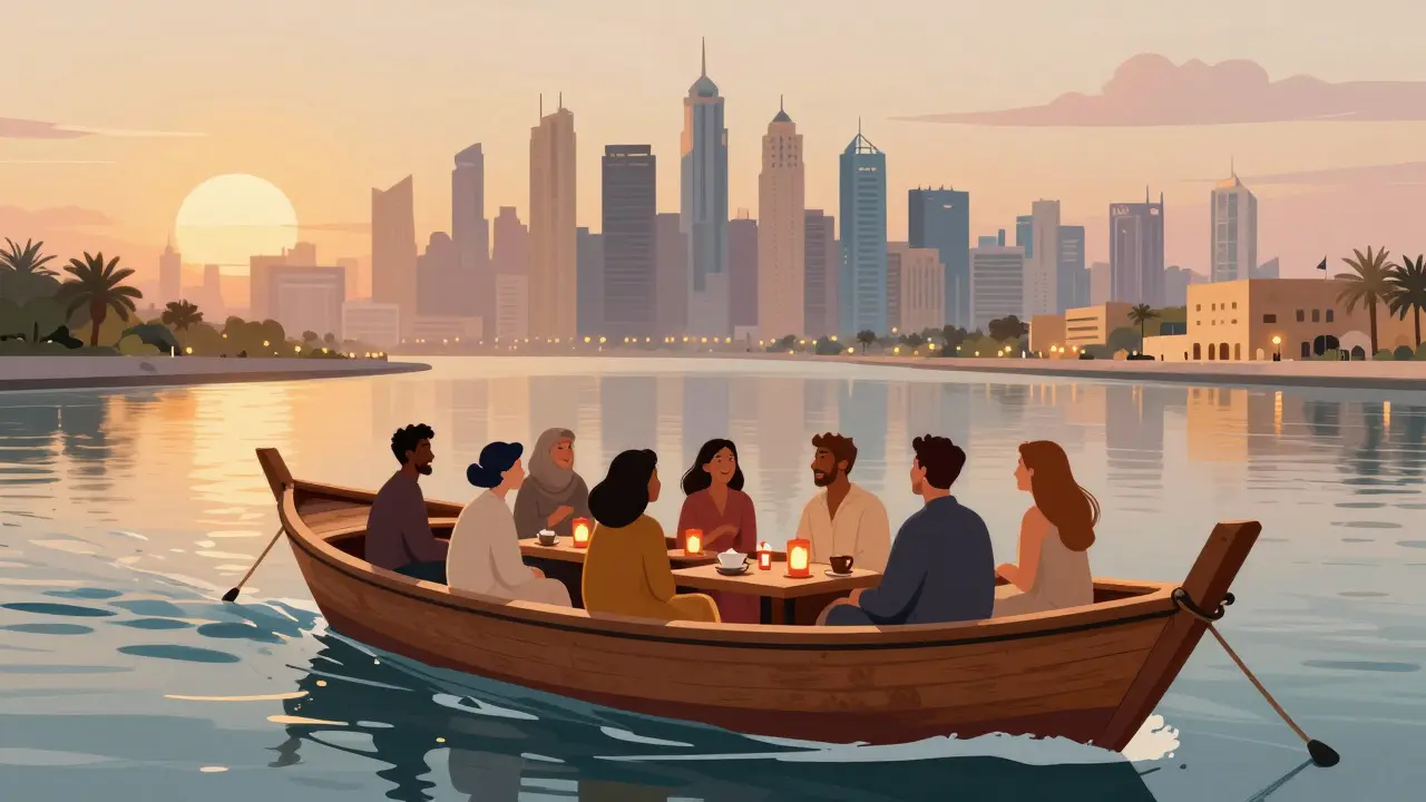 Tourists enjoy a peaceful dhow cruise on Dubai Creek at sunset, laughing and sharing tea as the city glows behind them.