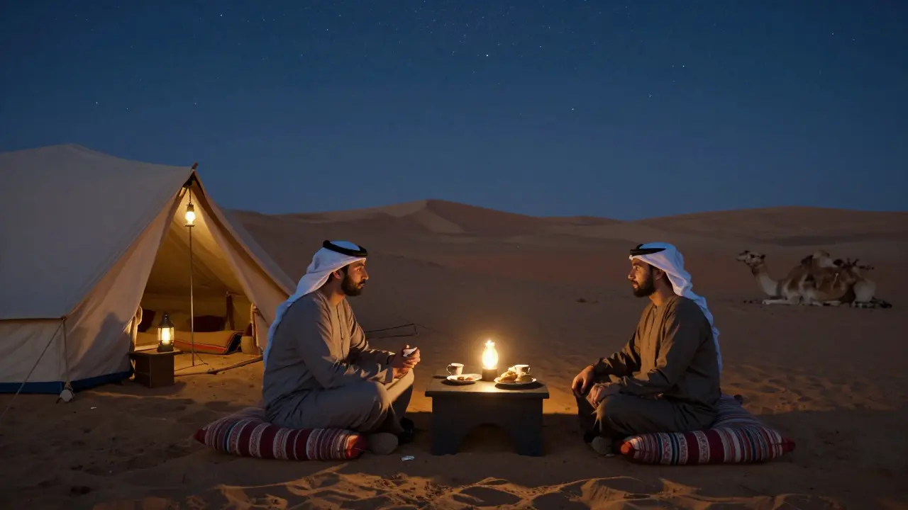 Traveler and companion sharing coffee in a desert camp under stars