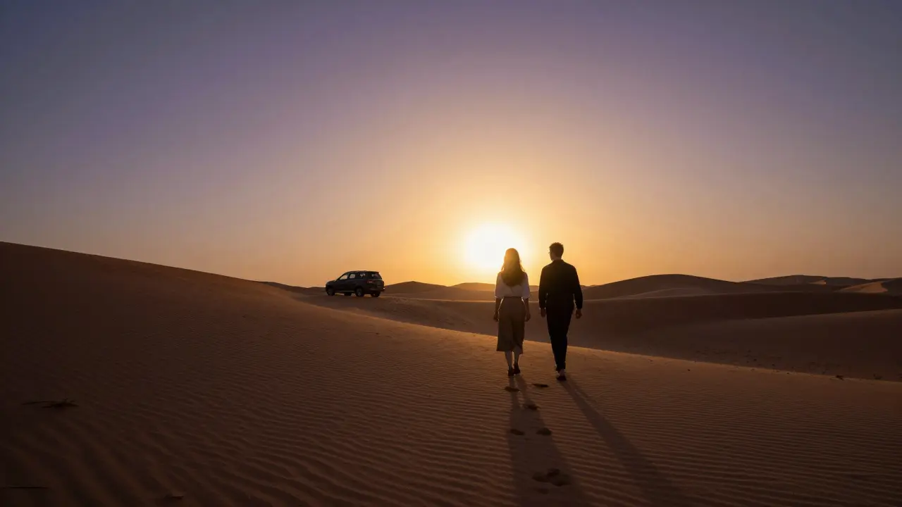 Two figures walking silently across desert dunes at sunset, footprints fading behind them.