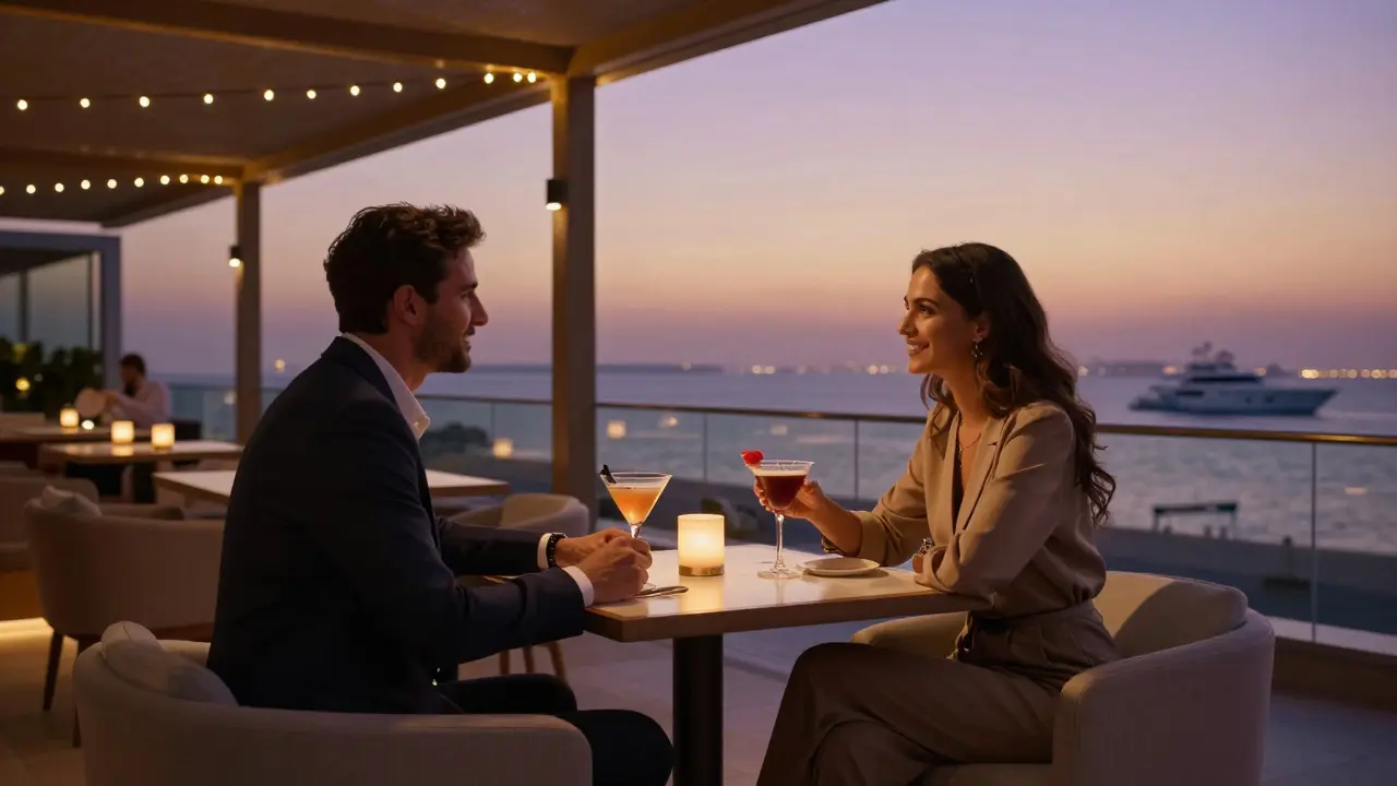 Two people enjoying cocktails on a luxury rooftop lounge at sunset