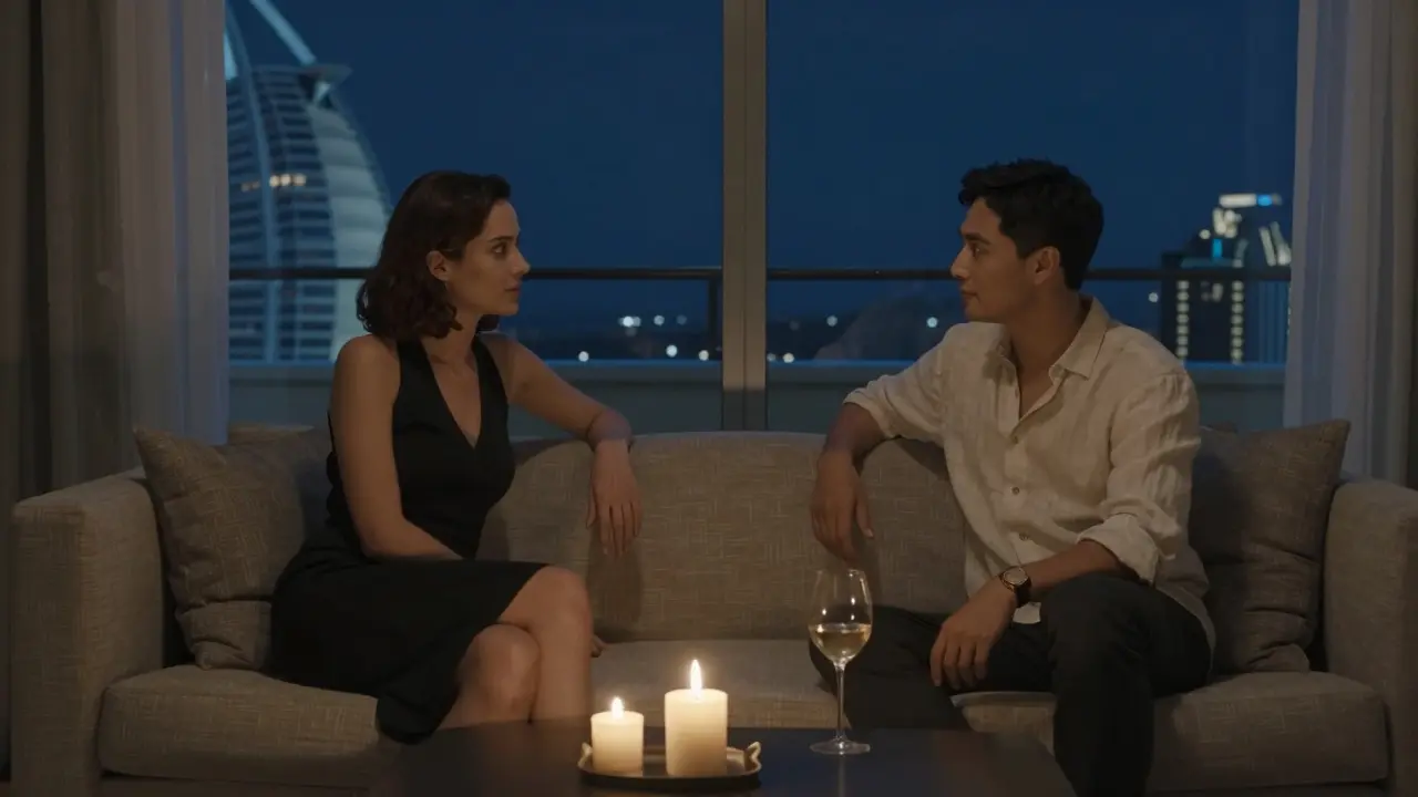 Two people having quiet conversation in a hotel room at night, candlelight, city views, emotional connection.