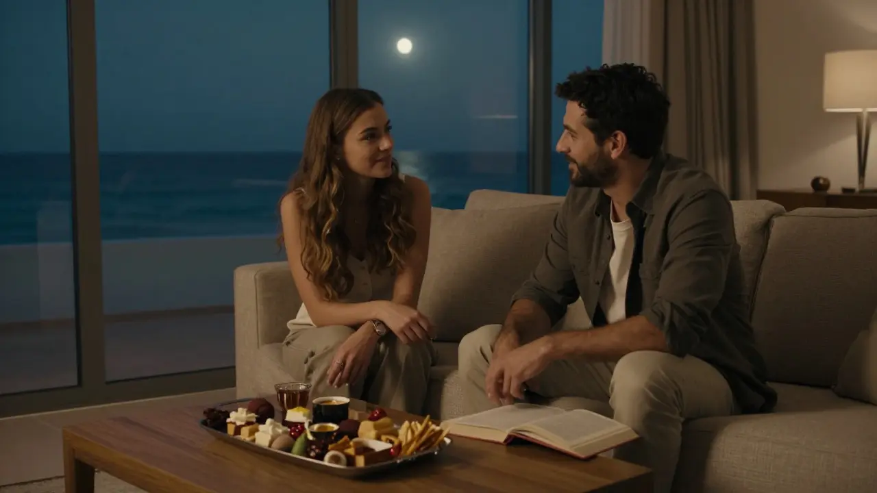 Two people in a cozy Dubai apartment, laughing softly over snacks and a book, sea lights visible through large windows.