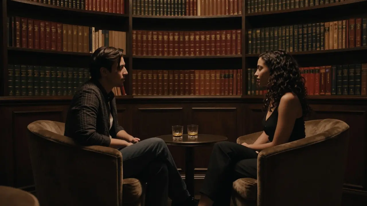 Two people in a dimly lit speakeasy lounge engaged in quiet conversation.