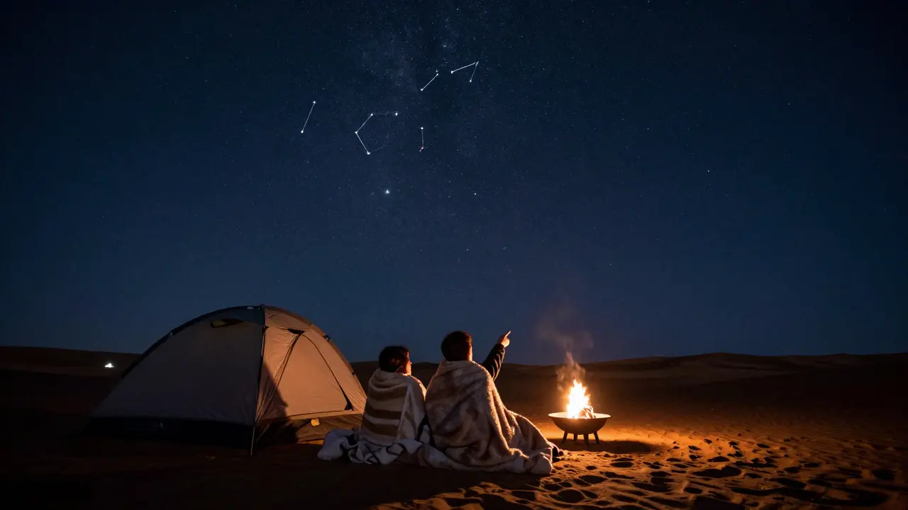 Two people lie under a starry desert sky in a private tent, wrapped in blankets, pointing at stars beside a soft fire pit.