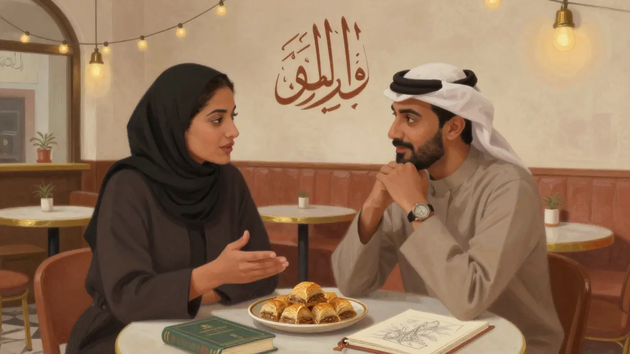 Two people share a quiet moment at a café in Alserkal Avenue, with baklava and books on the table.