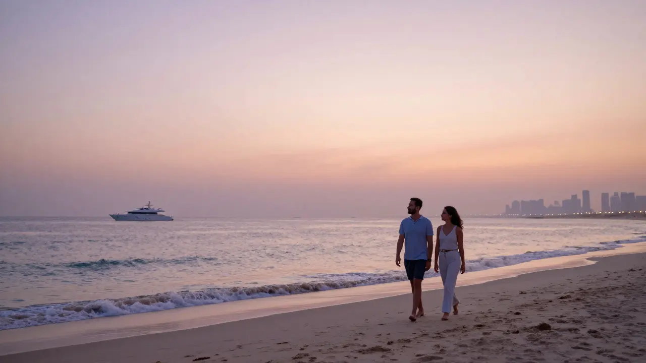 Two people walking peacefully along Dubai&#039;s beach at sunset, city lights in the distance.