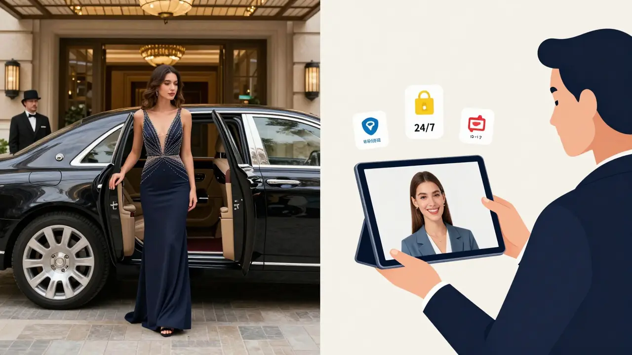Two scenes: a woman arriving at a luxury hotel and a man reviewing a secure video call, symbolizing safe companionship in Dubai.