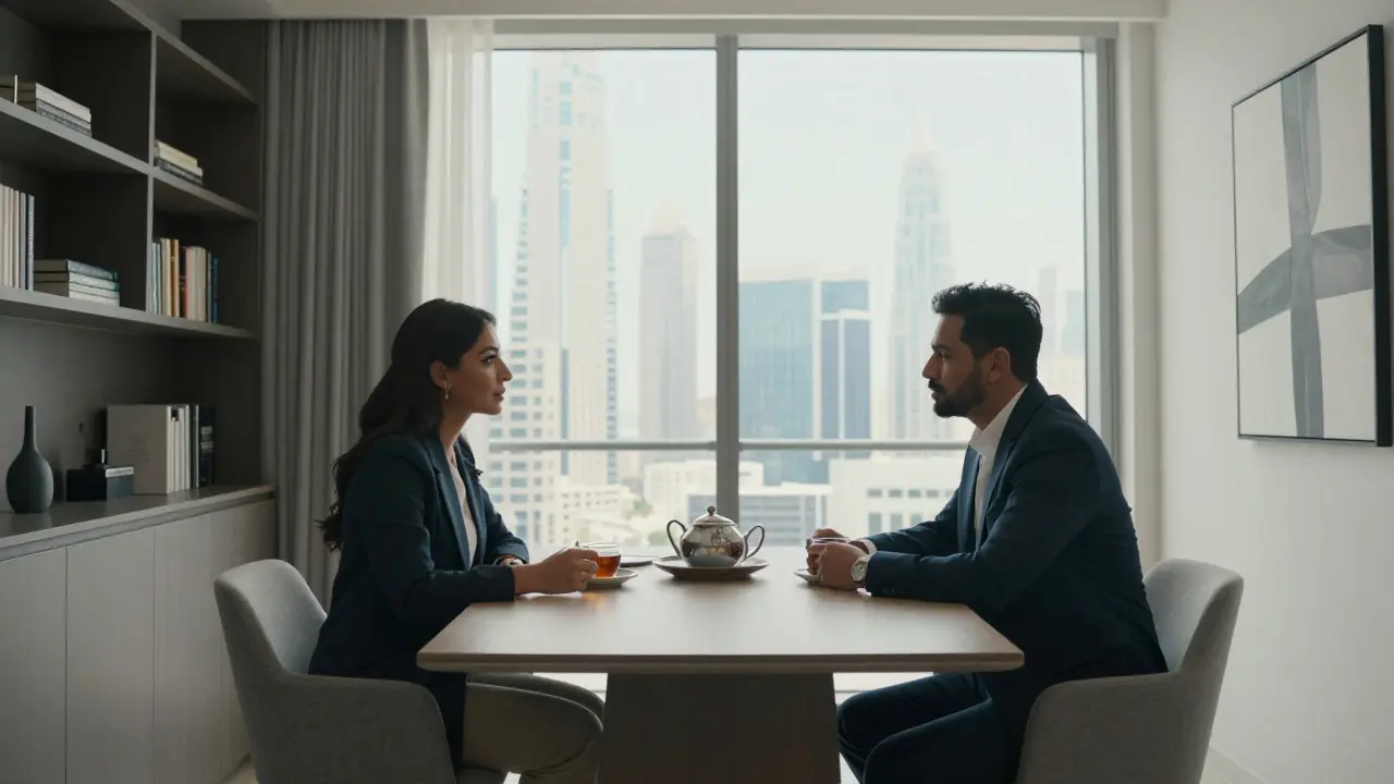 Two well-dressed individuals sharing quiet conversation over tea in a modern Dubai apartment.