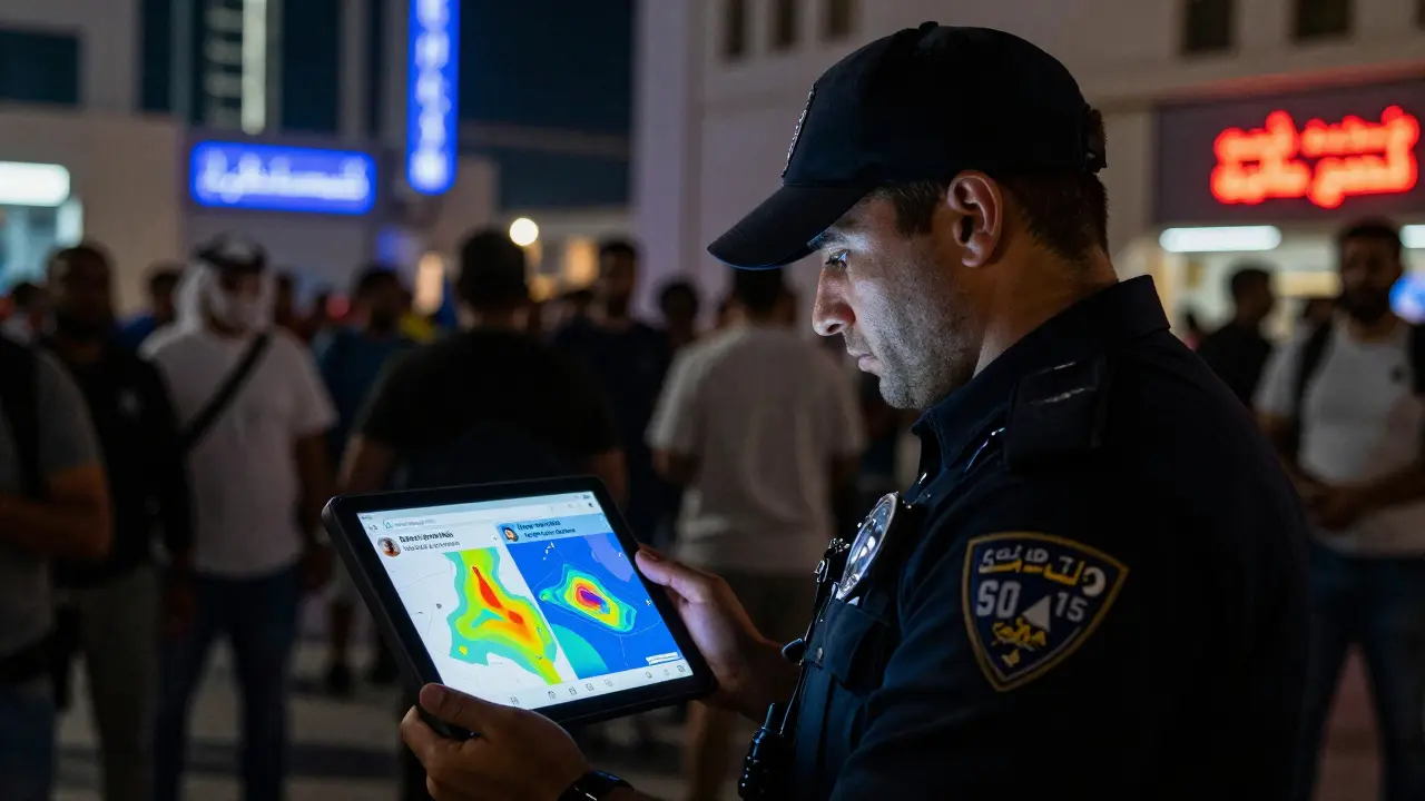 Undercover officer monitoring social media ads for illegal escort services in Dubai.