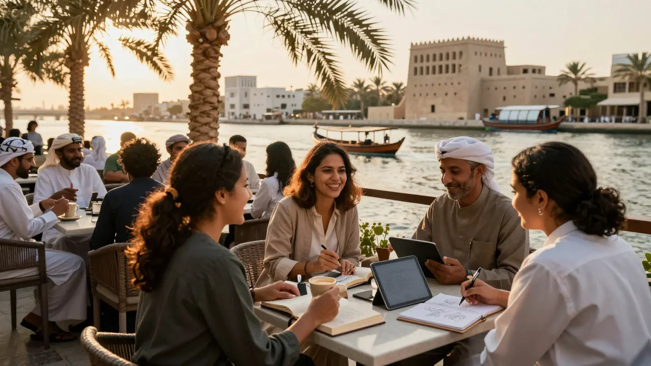 Vibrant café scene at Al Fahidi Fort with people socializing during golden hour, dhow boats on the creek.