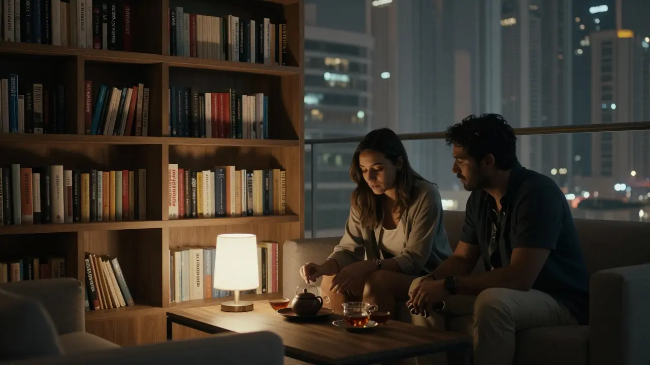 A calm, intimate scene in a Dubai apartment lounge, two individuals sharing tea with city lights behind them.