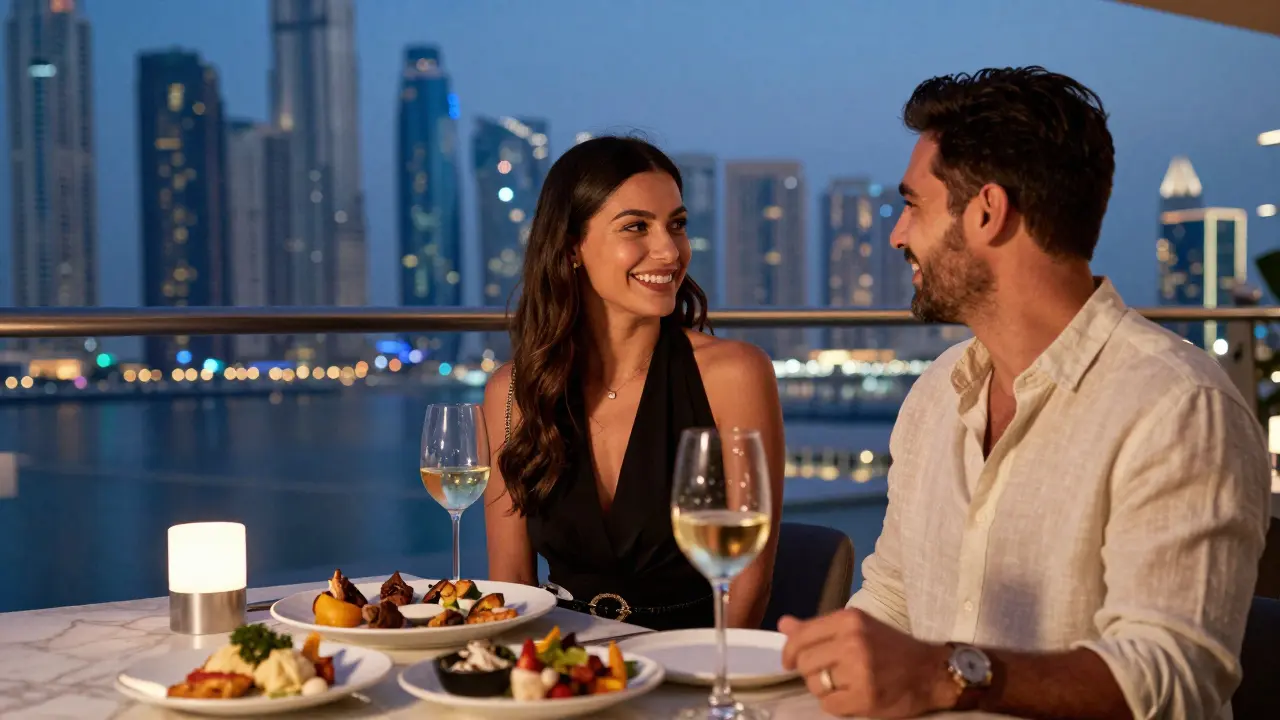 A couple enjoying dinner on a rooftop restaurant in Dubai with city lights in the background.