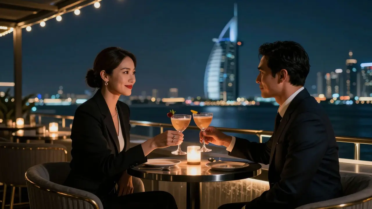 A couple shares a quiet toast on a rooftop bar in Dubai at night, with city lights and Palm Jumeirah in the distance.