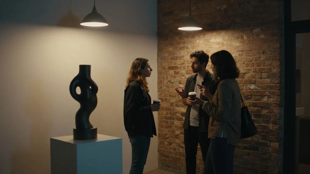 A couple standing near an art sculpture in Alserkal Avenue, sharing silent companionship in soft evening light.