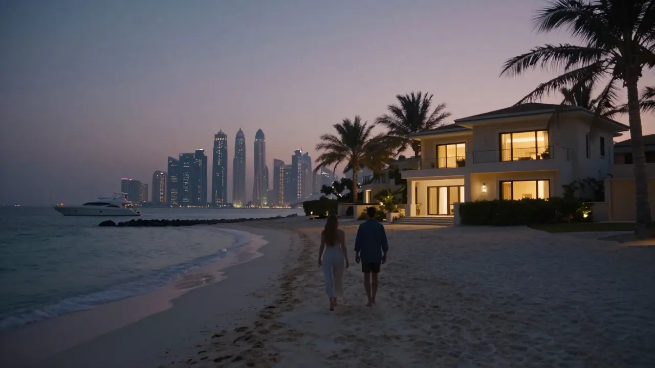 A couple walking along a private beach at twilight with the Dubai skyline glowing in the distance.
