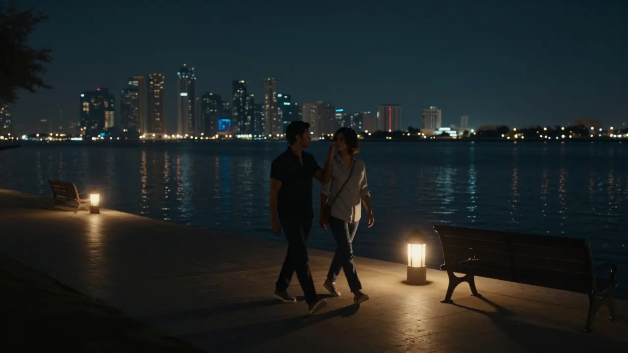 A couple walking along Dubai Creek at night, fingers barely touching under the glow of lanterns.
